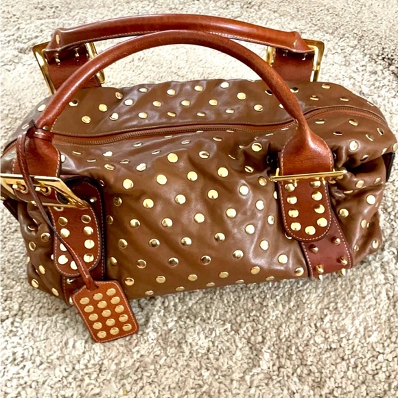 Be&D Lambskin Handbag Purse Soft Brown Satchel w/Gold Studs Excellent Condition - Picture 2 of 10